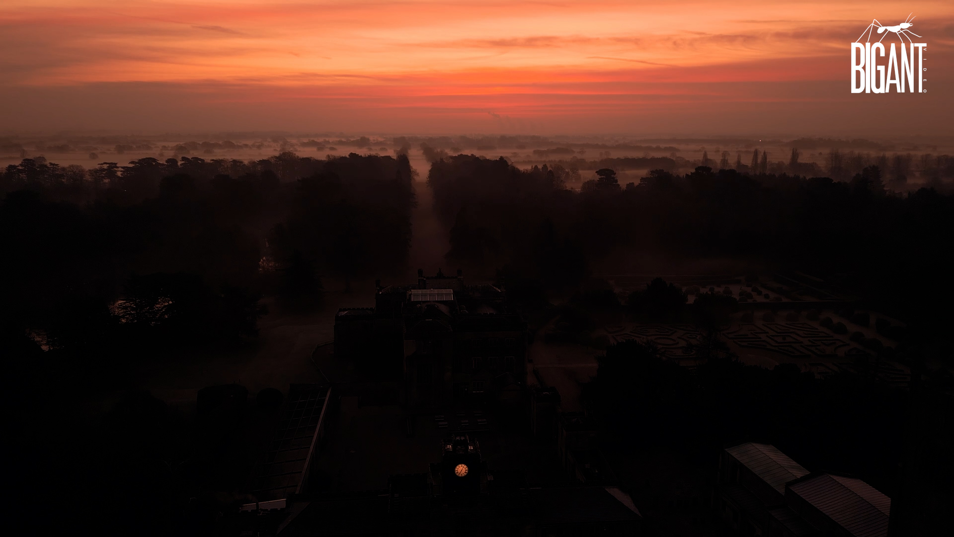 drone shot of elvaston castle early morning