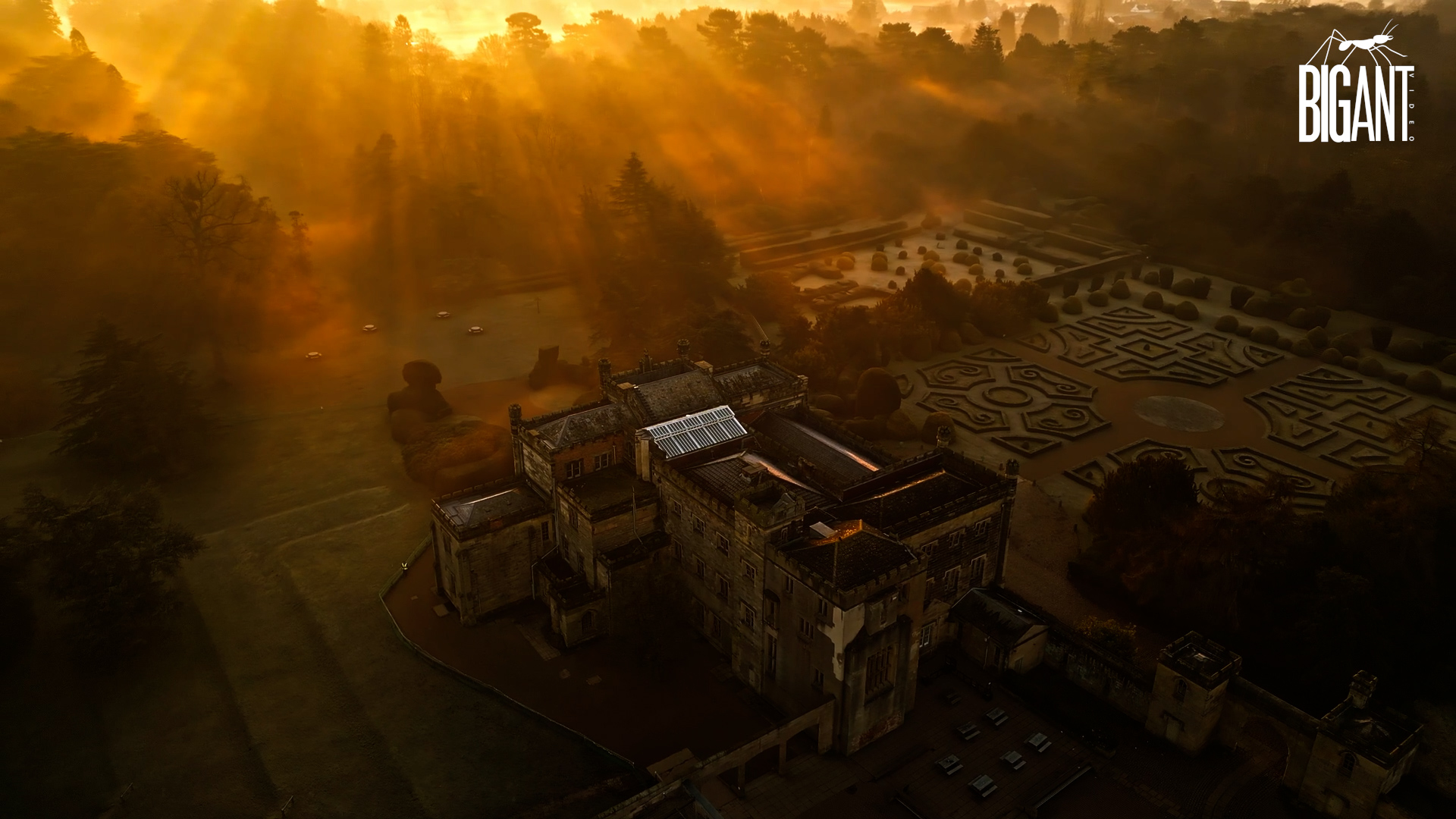 drone shot of elvaston castle sunrise